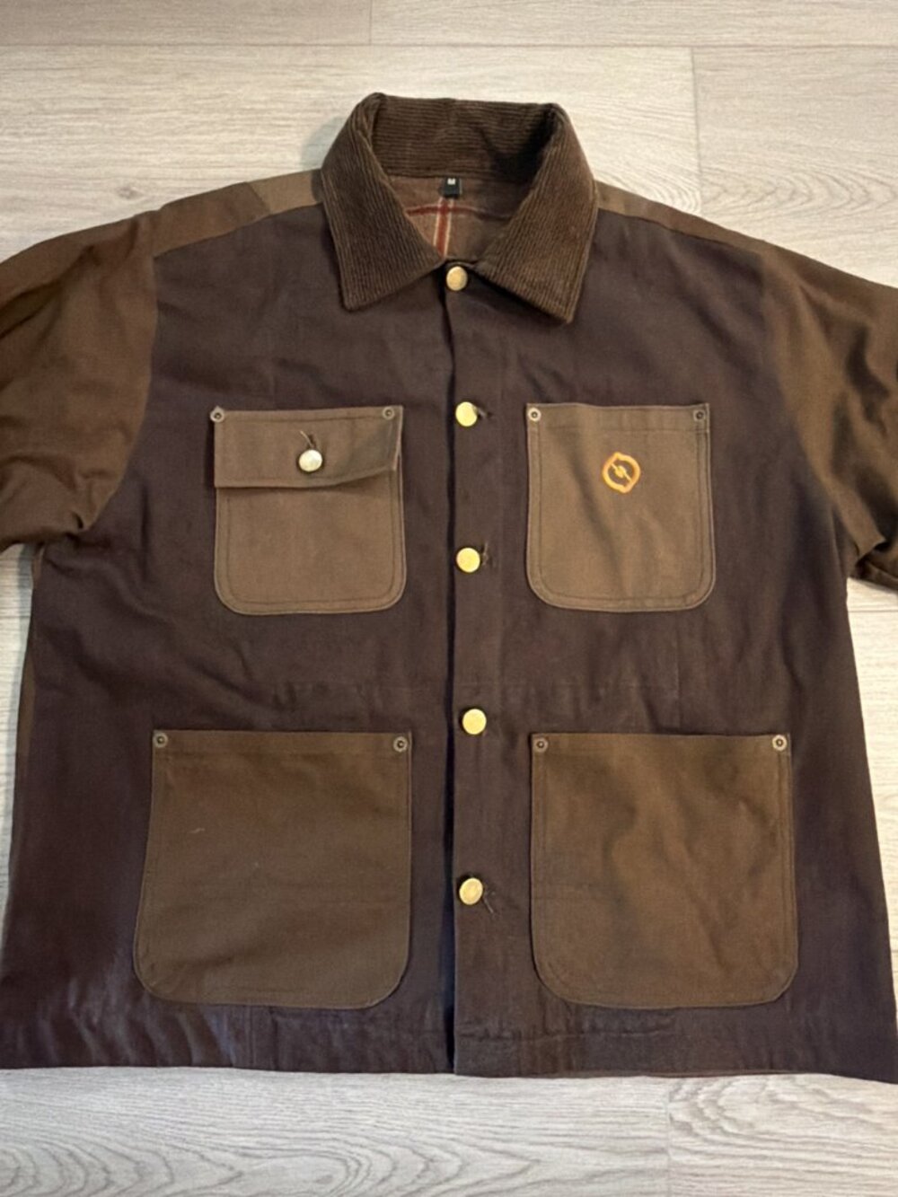 Reworked Canvas Chore Jacket Mens M Brown Plaid Lined Workwear Utility Coat - Picture 3 of 9
